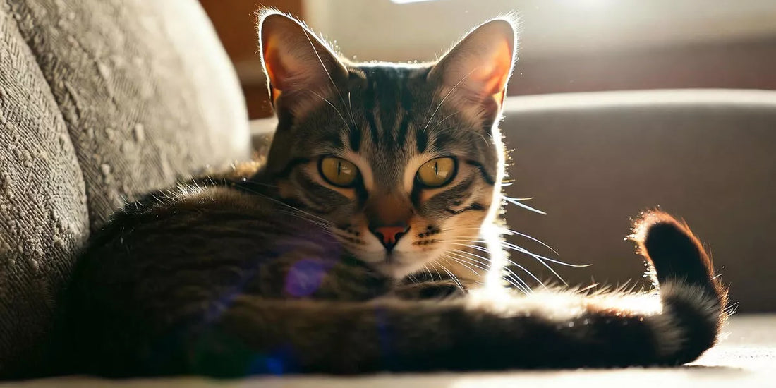 Katze schlägt mit Schwanzspitze beim Liegen